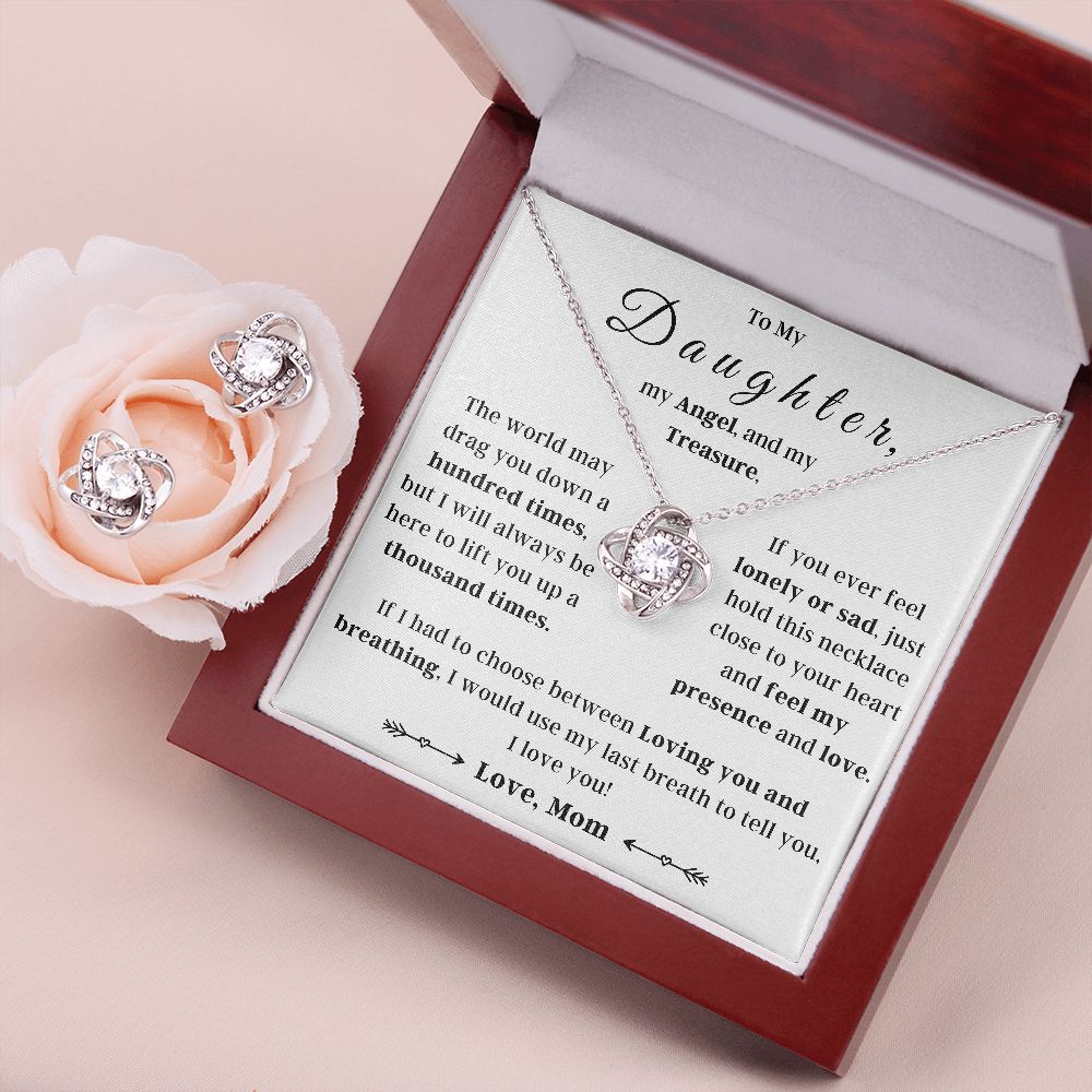 Love Knot Necklace with Free Zirconia Earring, Gift Box, and Velvet Pouch