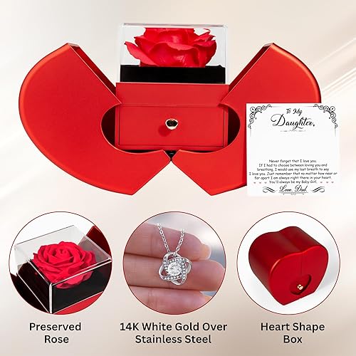 To my Daughter / From Dad Love Knot Necklace with Rotating Rose Box